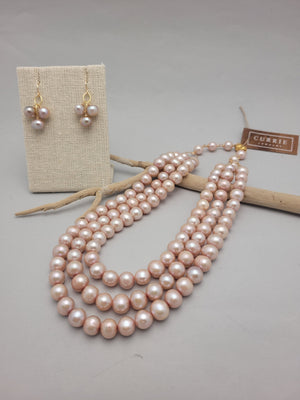 Multi Strand Freshwater Pearl Necklace and Earrings Set