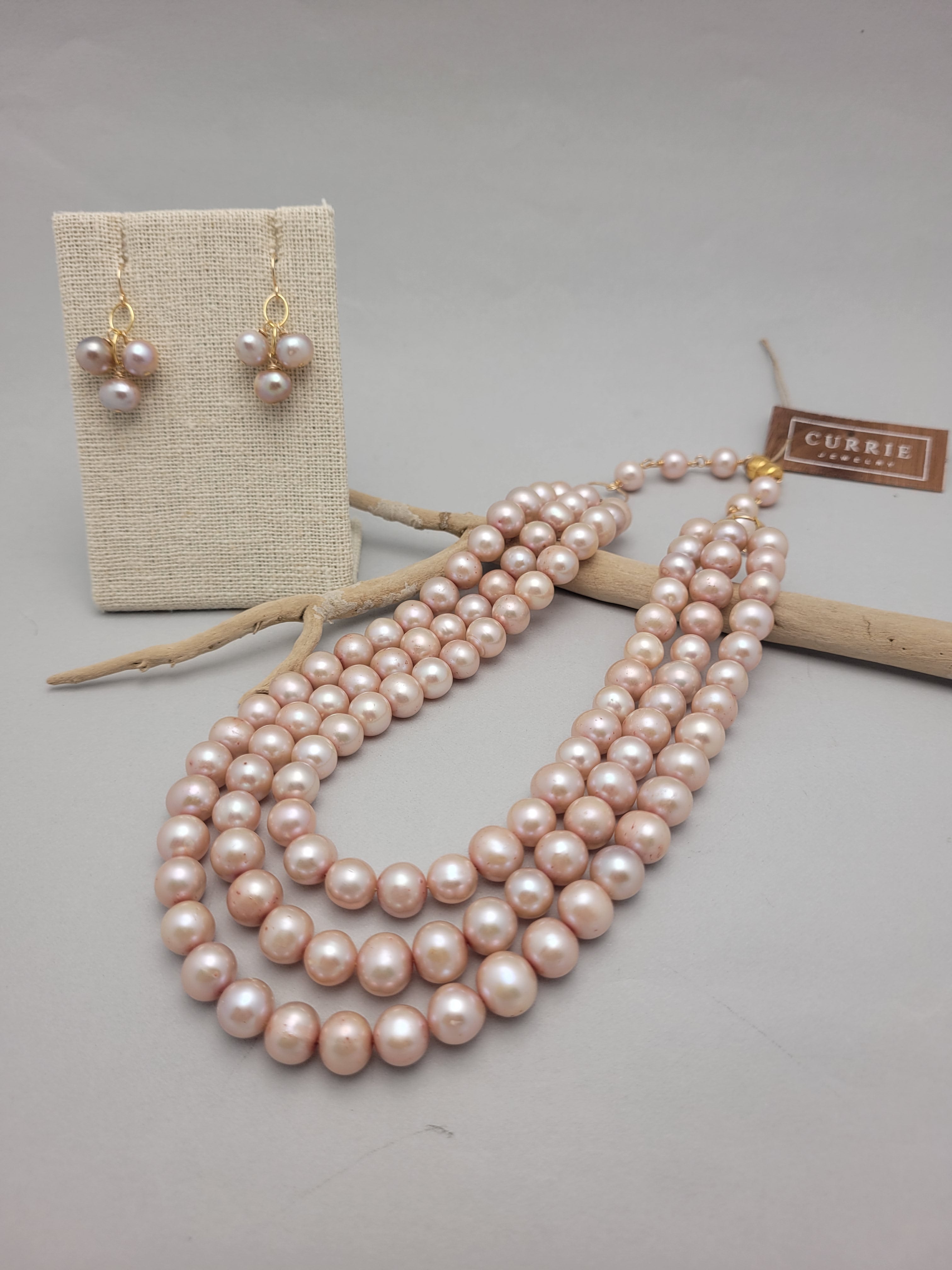 Multi Strand Freshwater Pearl Necklace and Earrings Set