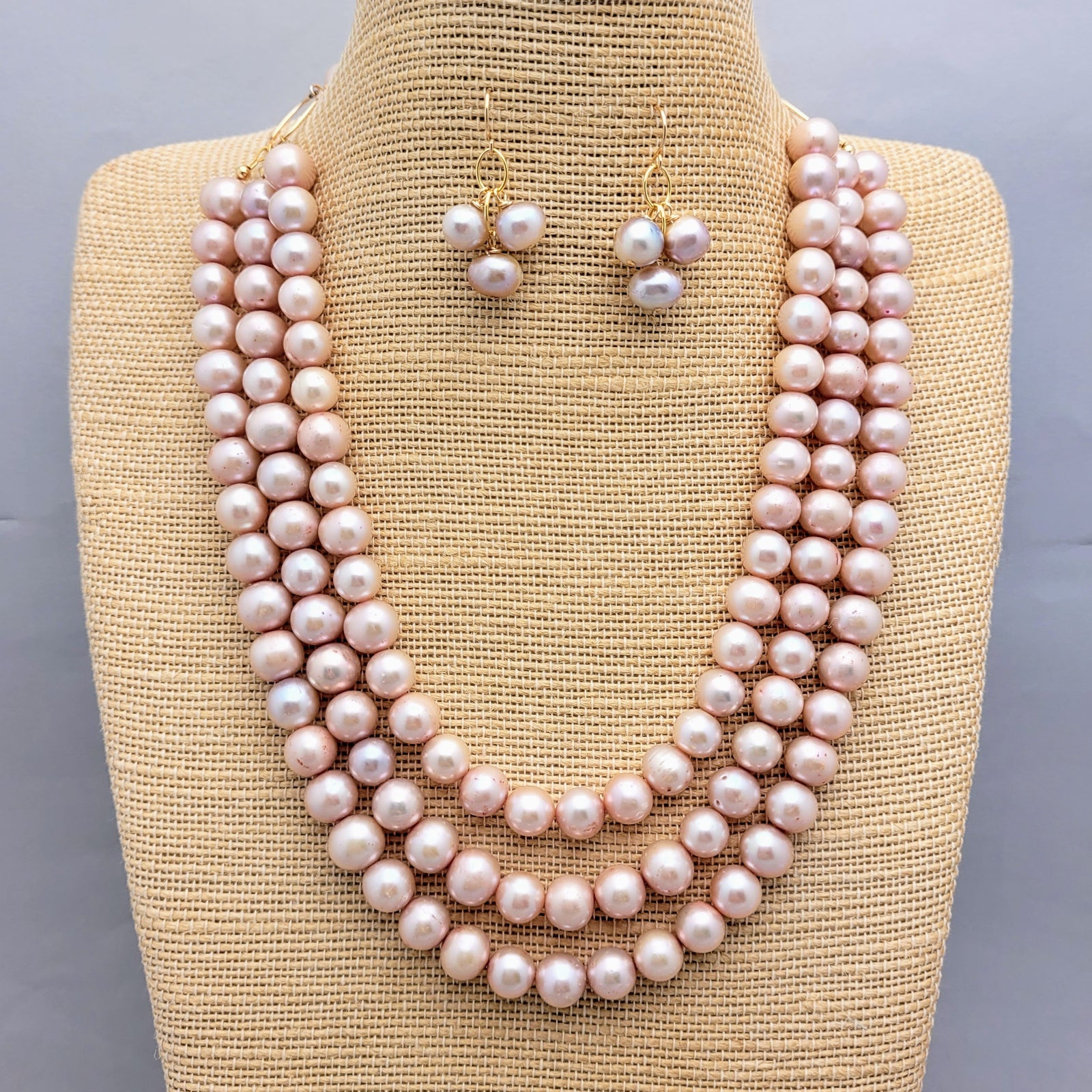 Multi Strand Freshwater Pearl Necklace and Earrings Set